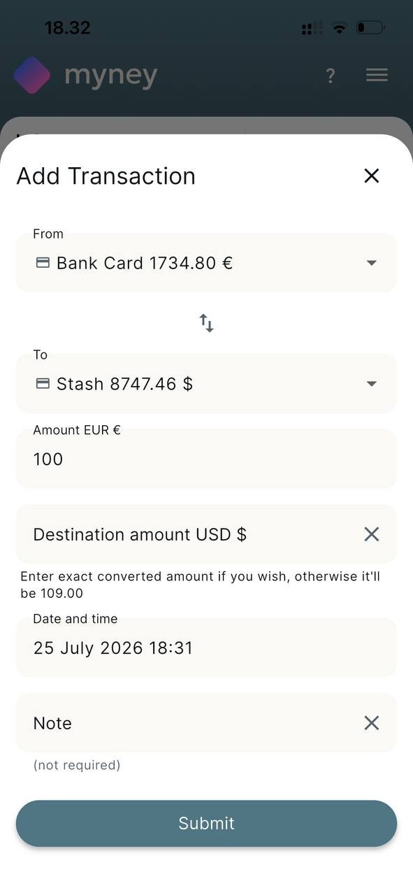 Add transaction sheet converting EUR to USD between accounts