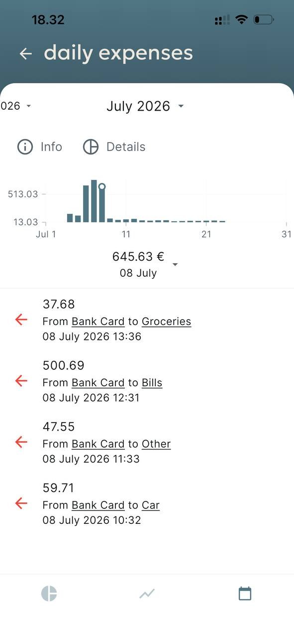 Daily expenses screen with a bar chart and the day's transactions