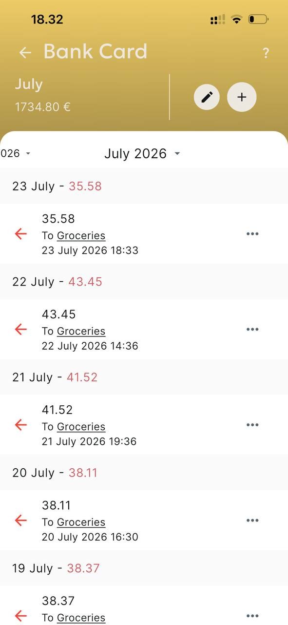 Bank Card account screen listing dated transactions